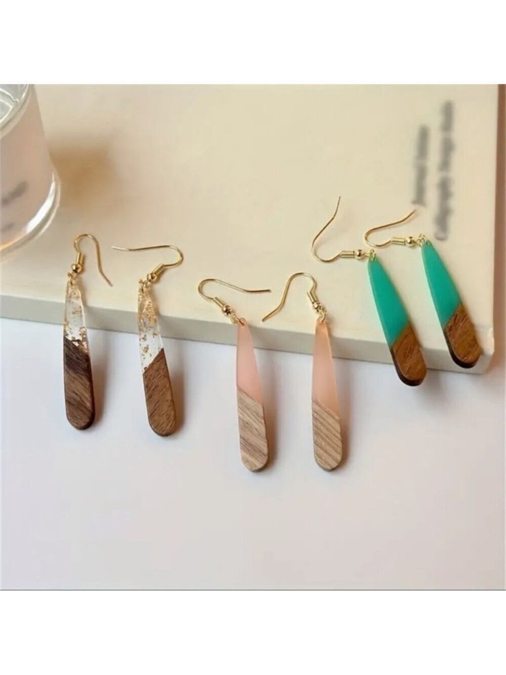 Wood Clear Gold Resin Two Tone Teardrop Dangle Earrings Boho - Picture 5 of 5
